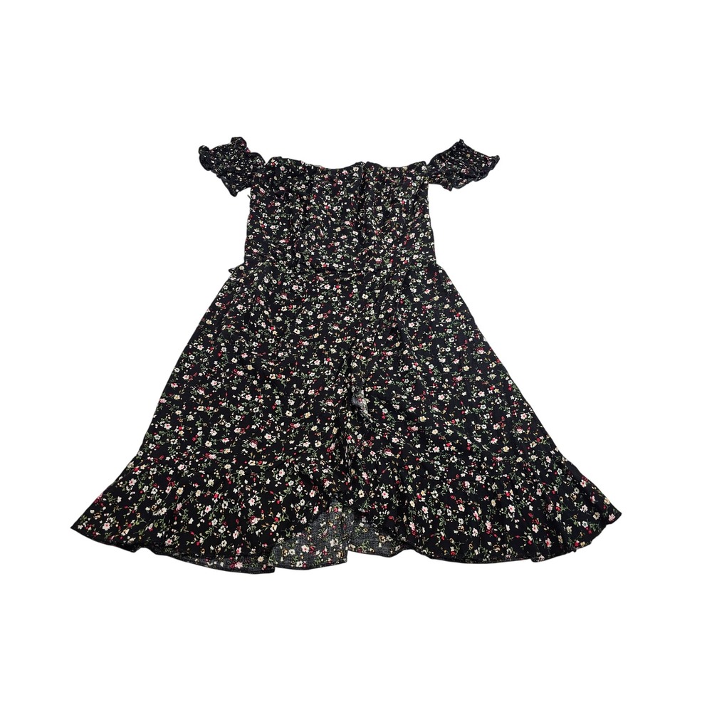 Vertiche Floral Mini Dress Womens Small Black Smocked Off Shoulder Ruffle Hem